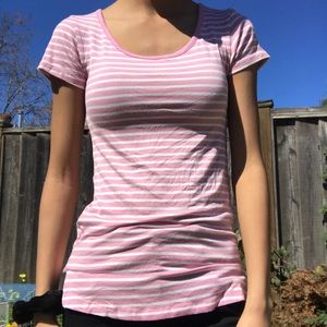 pink and white striped tee with cut out back
